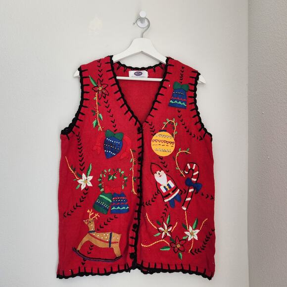 Vintage 90s Red Knit Christmas Vest Santa Reindeer Ornaments Embroidery XL - Picture 8 of 8